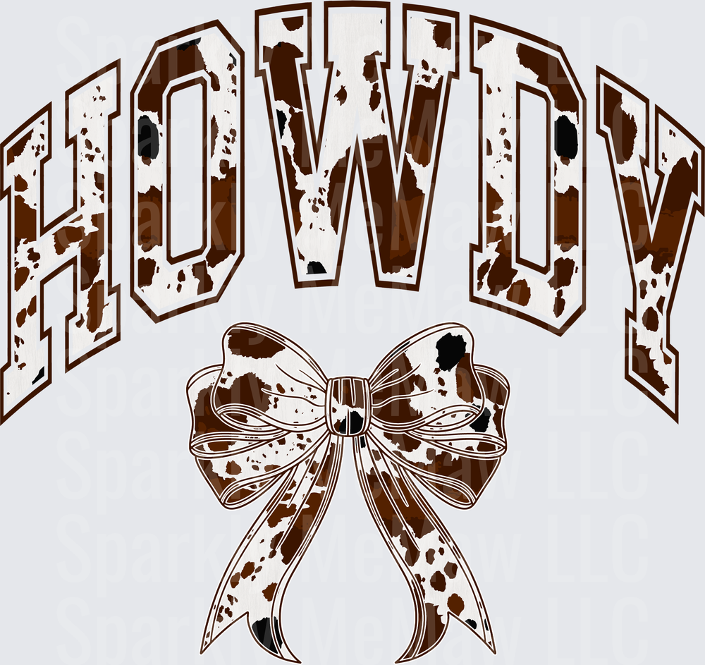 Howdy Arched Varsity Letters Brown Cow Print with Matching Bow UV DTF Decal