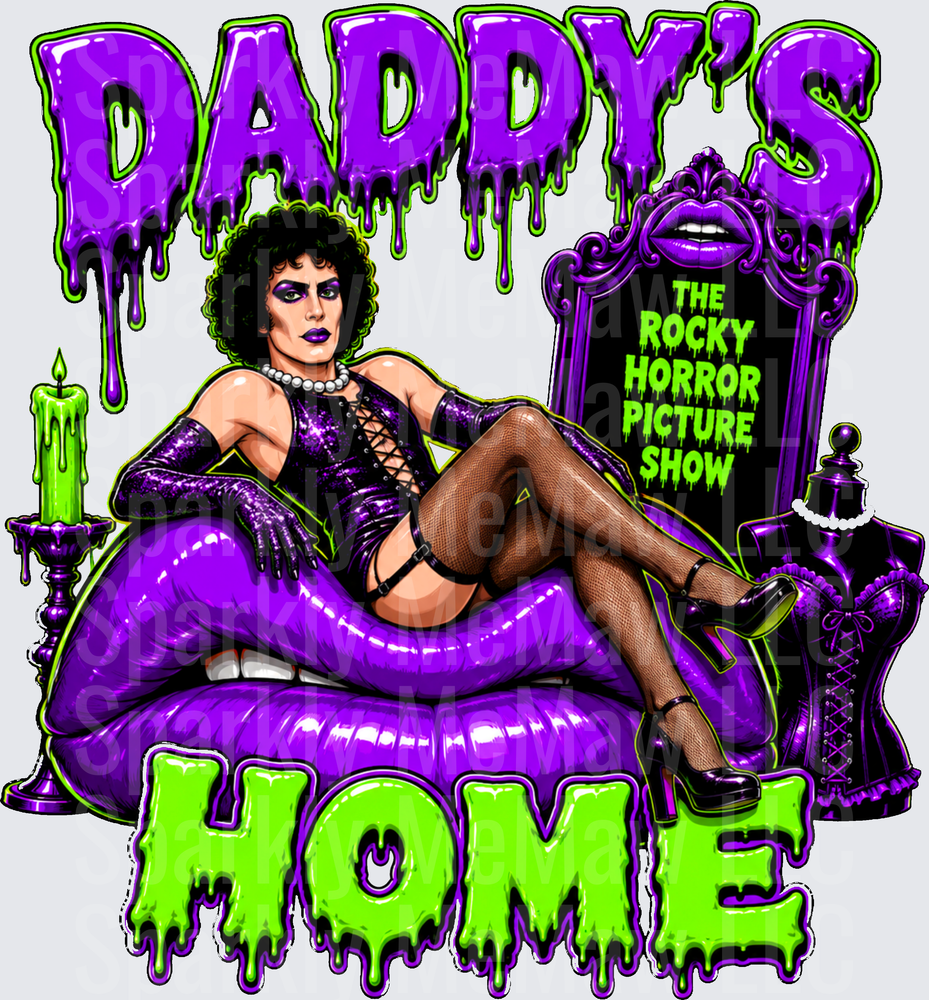 Daddy's Home Rocky Horror Picture Show Dr. Frank-N-Furter Reclining on Giant Purple Lips Dripping Slime Gothic Horror DTF Transfer