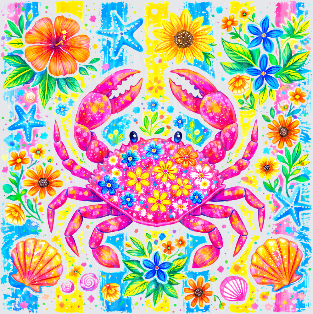 Pink Floral Crab with Tropical Shells and Starfish Summer Beach Design UV DTF Decal