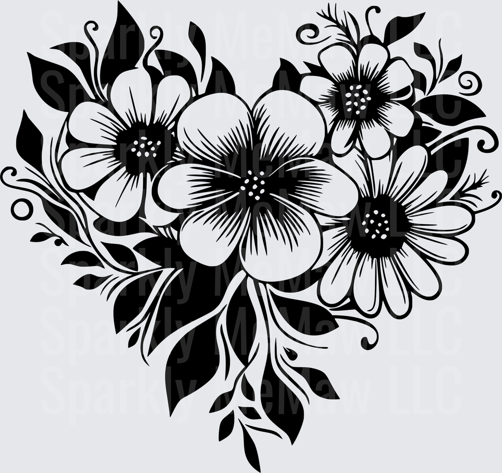 Black and White Floral Heart UV DTF Decal