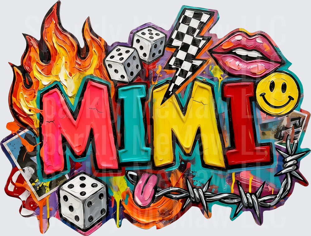 MIML Graffiti Style with Flames Dice Lightning Smiley Face and Barbed Wire - This is a UV DTF Decal