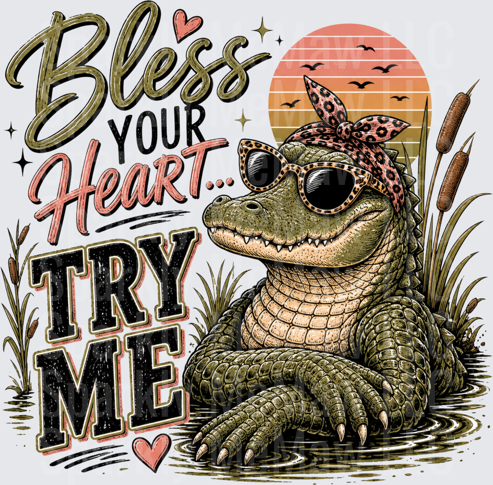 Sassy Alligator with Leopard Print Sunglasses and Bandana Bless Your Heart Try Me Vintage Sunset DTF Transfer for Fabric