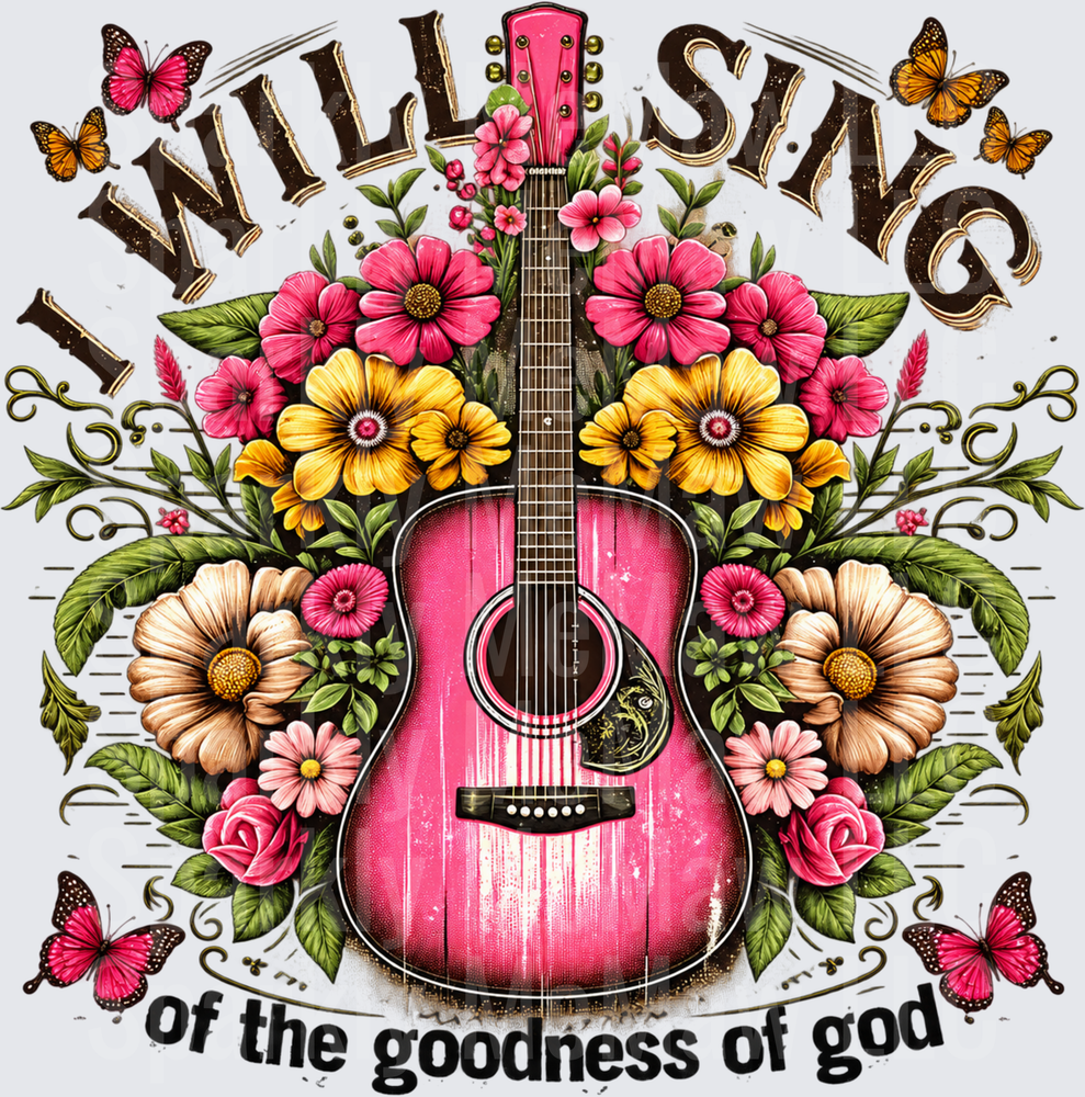 I Will Sing Goodness of God Pink Guitar Floral UV DTF Decal