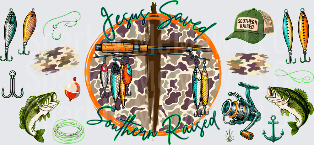 Jesus Saved Southern Raised Fishing UV DTF 16 OZ Wrap