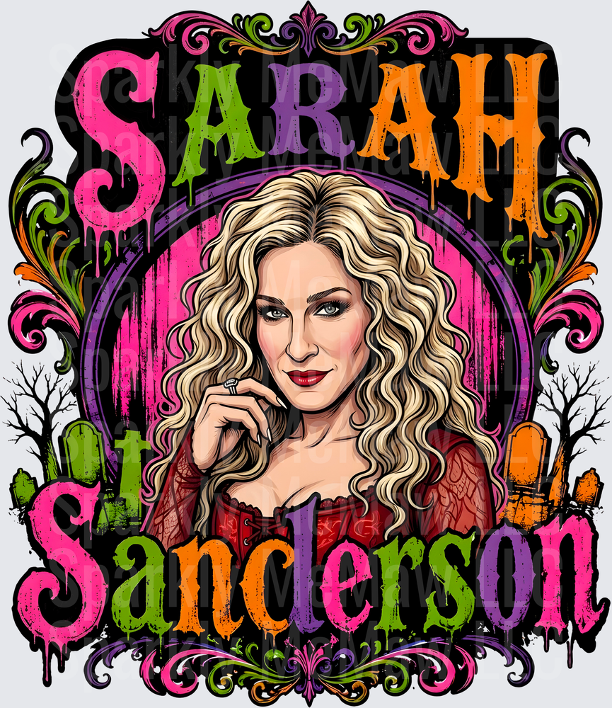 Sarah Sanderson Hocus Pocus Witch Portrait Halloween Gothic Ornate Drip Text DTF Transfer for Fabrics