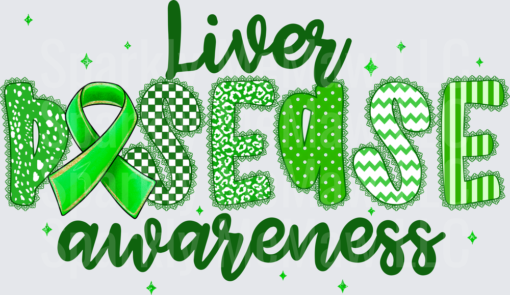 Liver Disease Awareness Green Ribbon UV DTF Decal with Mixed Pattern Letters Leopard Chevron Polka Dot and Checkered Design