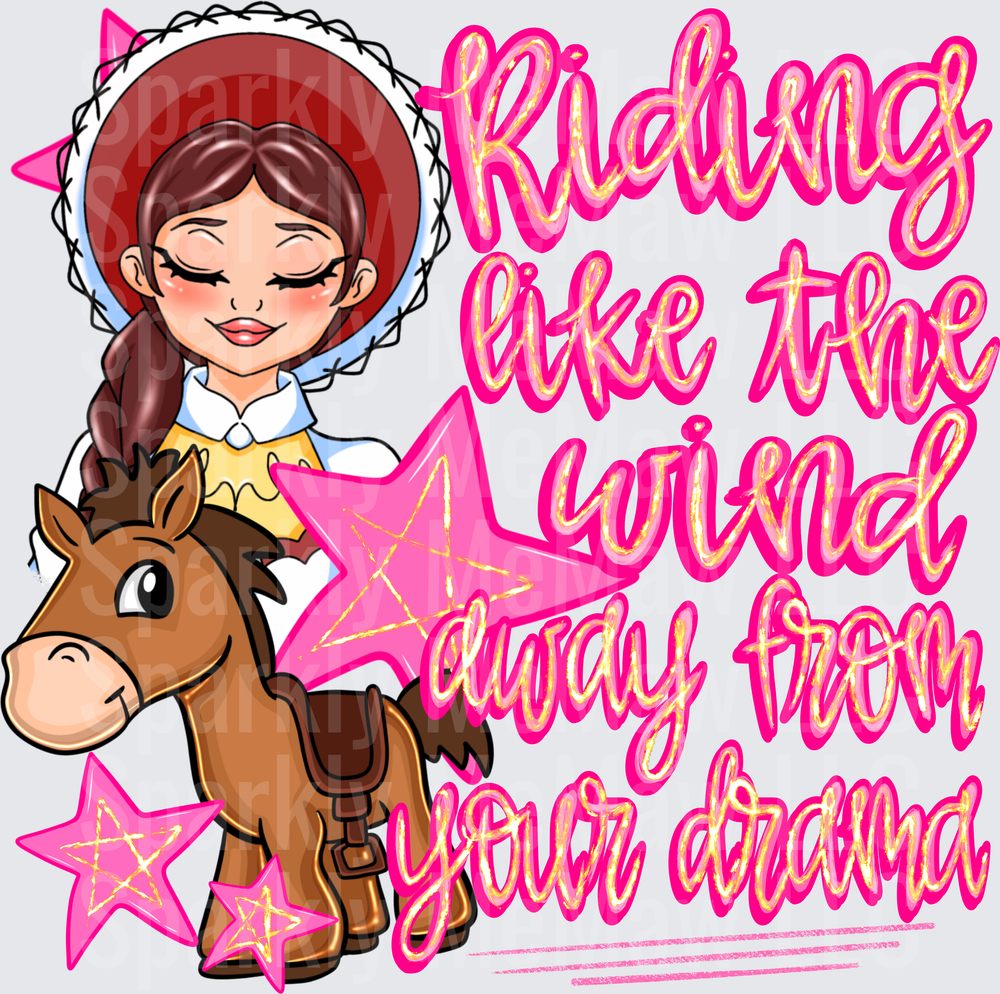 Cute Cowgirl Riding Horse Riding Like The Wind Away From Your Drama Pink Stars UV DTF Decal