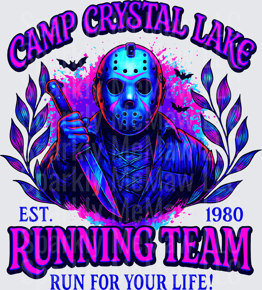 Camp Crystal Lake Running Team Est. 1980 Jason Voorhees Hockey Mask with Machete Run For Your Life Friday the 13th Horror DTF Transfer for Fabric