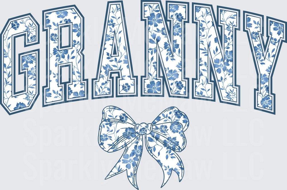 GRANNY Blue Floral Pattern Text with Bow UV DTF Decal