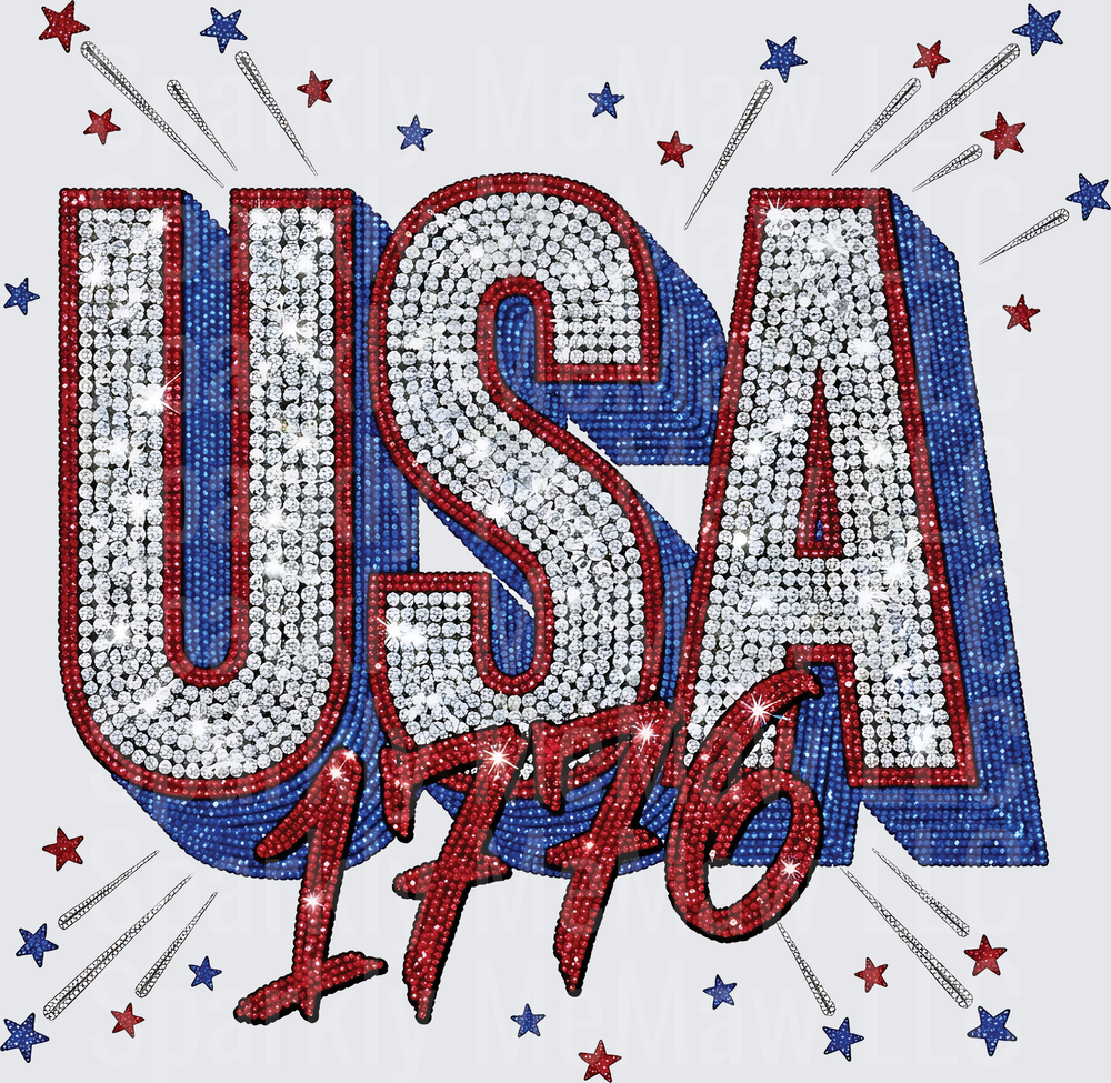 USA 1776 Rhinestone Patriotic Fourth of July Design - This is a UV DTF Decal