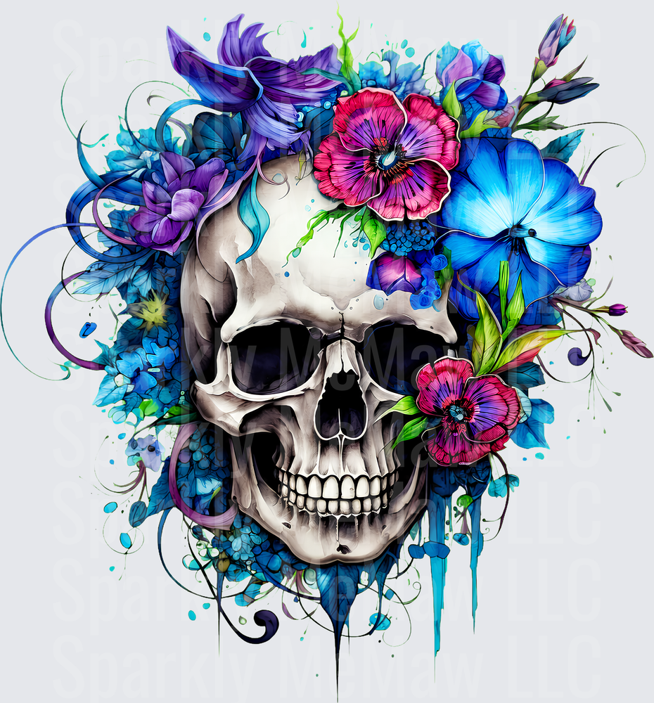 Floral Skull Watercolor UV DTF Decal
