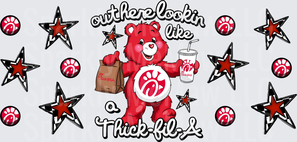 Red Care Bear Chick-fil-A Thick-fil-A This is a UV DTF 16 OZ Wrap