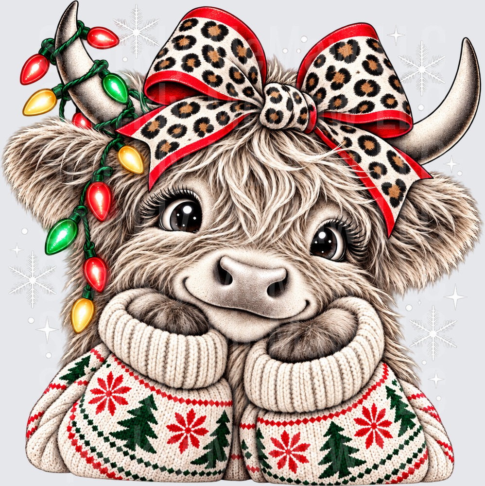 Cute Christmas Highland Cow DTF Transfer for Fabrics