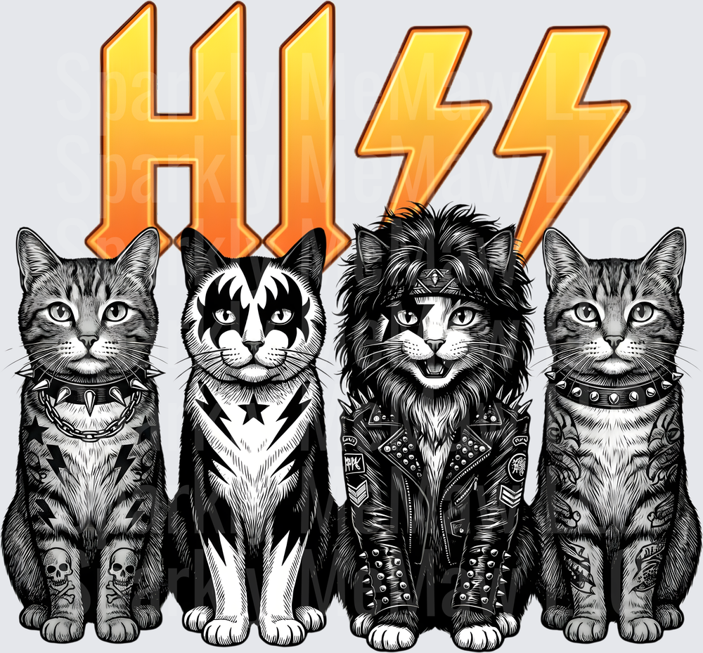 KISS Rock Band Cats with Lightning Bolt Text DTF Transfer for Fabric