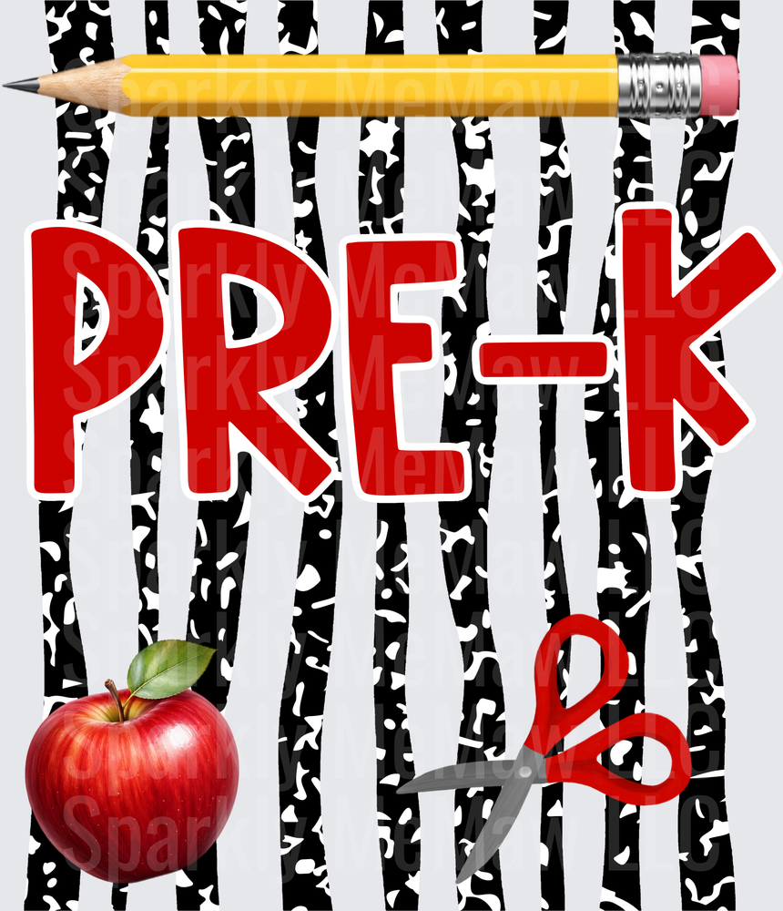 Pre-K Red Apple Pencil and Scissors School Design DTF Transfer for Fabric