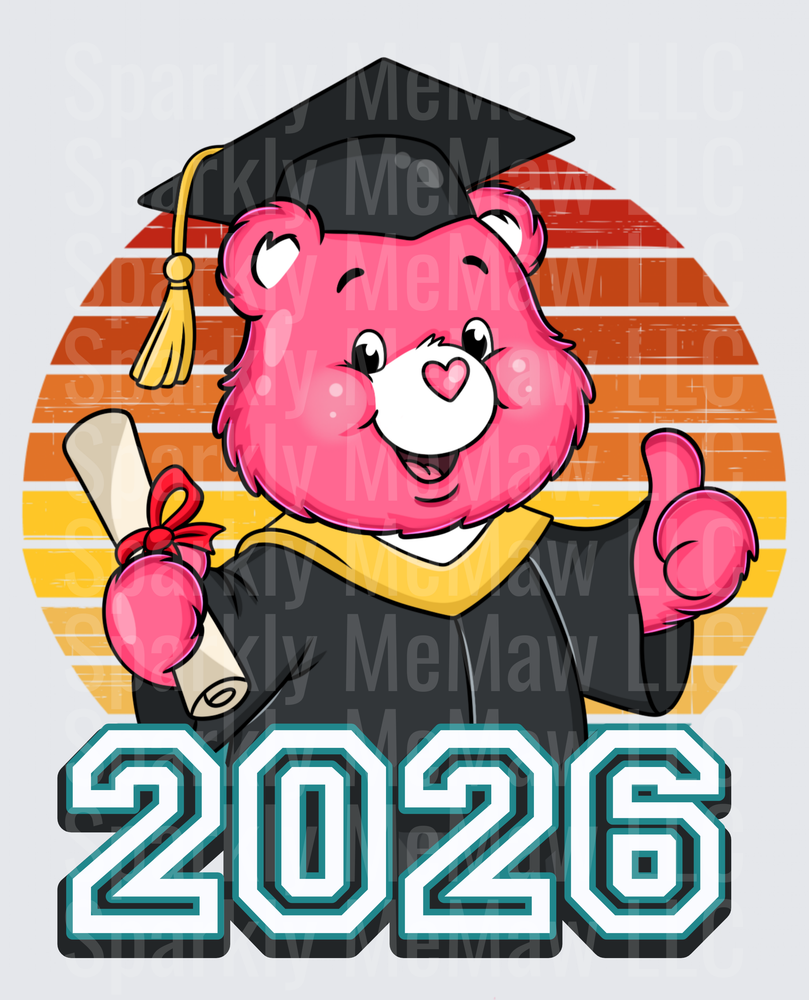 Pink Bear Graduate with Diploma 2026 Retro Sunset UV DTF Decal