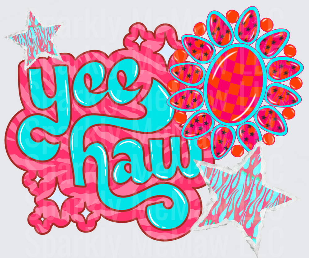 Yee Haw Western Sunflower with Retro Pink and Turquoise Stars DTF Transfer for Fabric