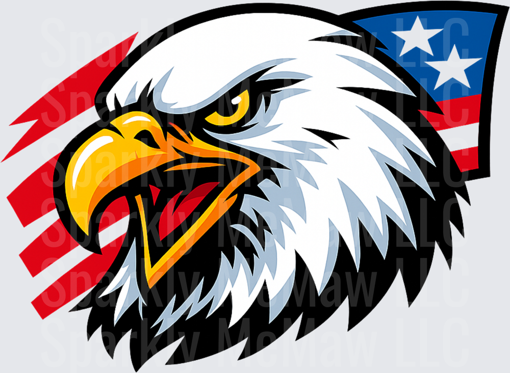 Fierce American Bald Eagle Head with Stars and Stripes Flag Background DTF Transfer for Fabric