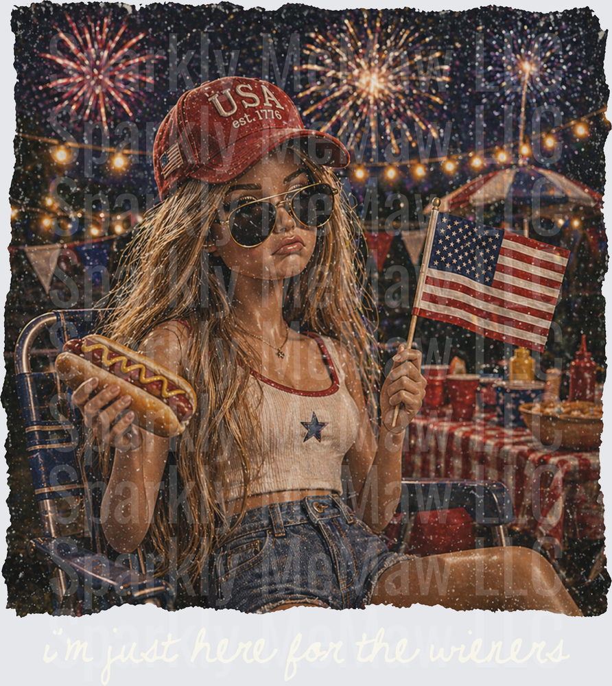 Patriotic Girl with Hot Dog and American Flag Fourth of July Fireworks Celebration DTF Transfer for Fabric