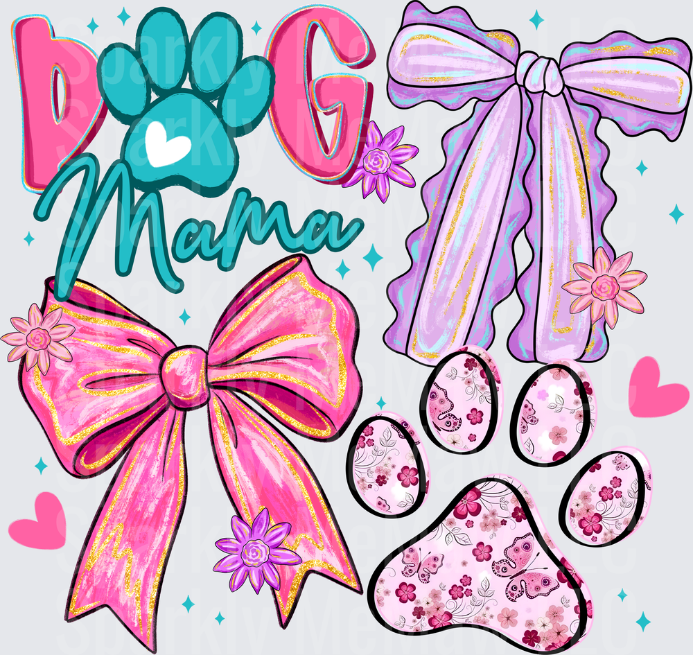 Dog Mama Paw Print with Colorful Bows and Hearts DTF Transfer for Fabric