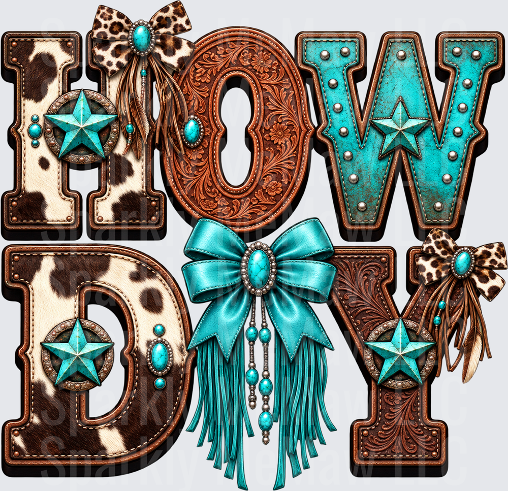 Howdy Western Turquoise Cowhide DTF Transfer for Fabrics