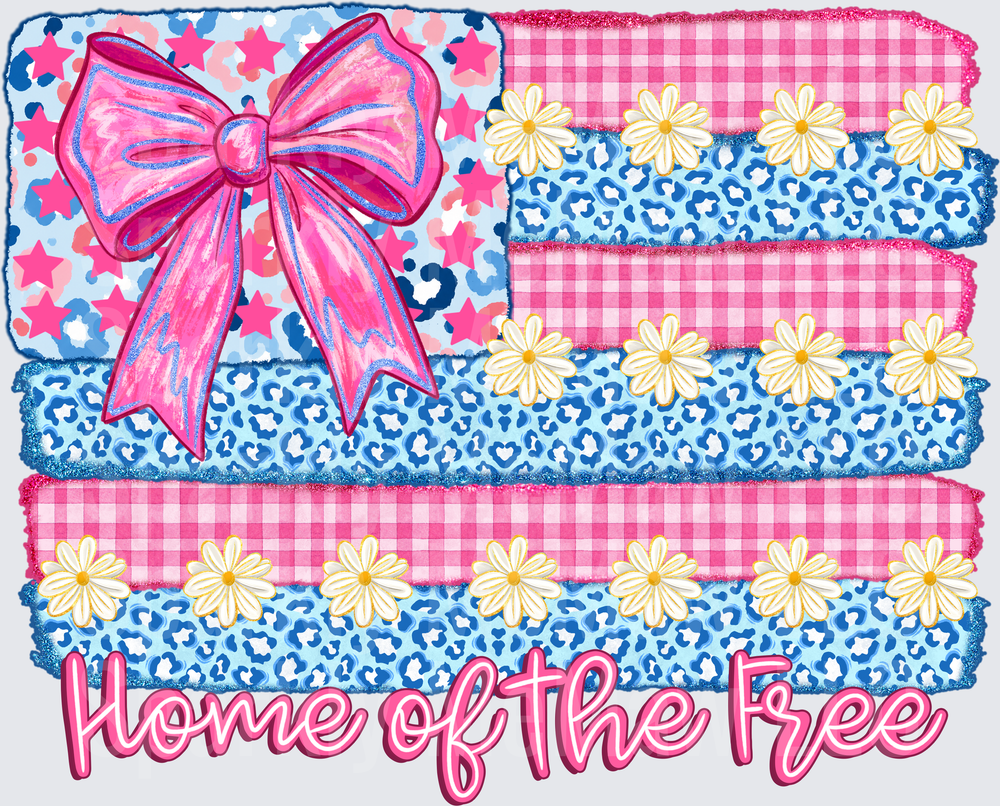 Home of the Free Coquette American Flag with Pink Bow Daisy Flowers Leopard Print Gingham Patriotic DTF Transfer for Fabrics