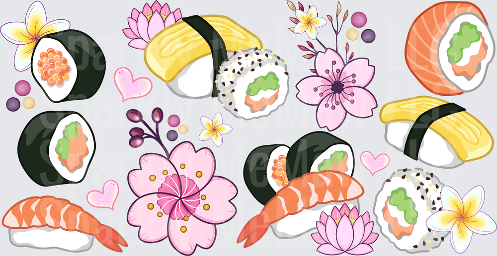 Kawaii Sushi Floral Collage is a UV DTF 16 OZ Wrap