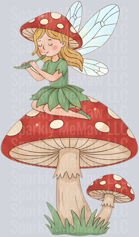Whimsical Fairy with Mushroom Hat Playing Flute on Red Spotted Toadstool UV DTF Decal