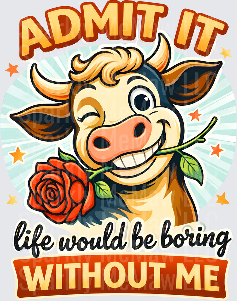 Funny Cow With Rose Admit It Life Would Be Boring Without Me UV DTF Decal