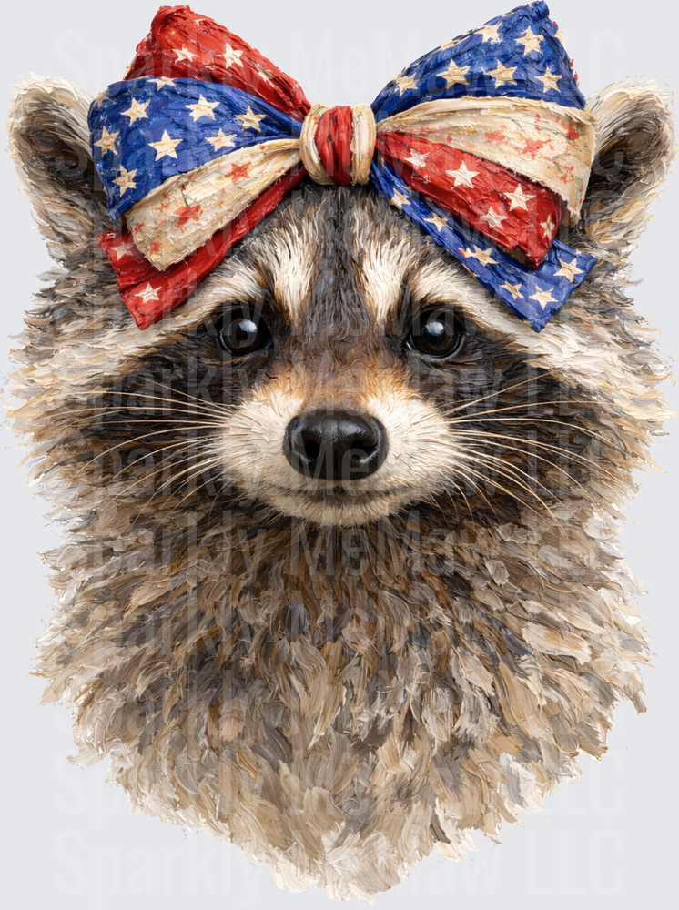Patriotic Raccoon with Red White Blue Stars and Stripes Bow UV DTF Decal