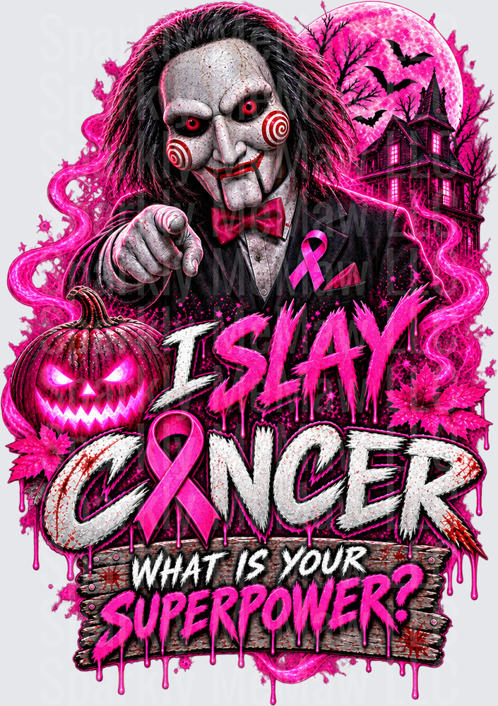 Billy the Puppet Breast Cancer I Slay Cancer What Is Your Superpower Halloween Horror is a UV DTF Decal