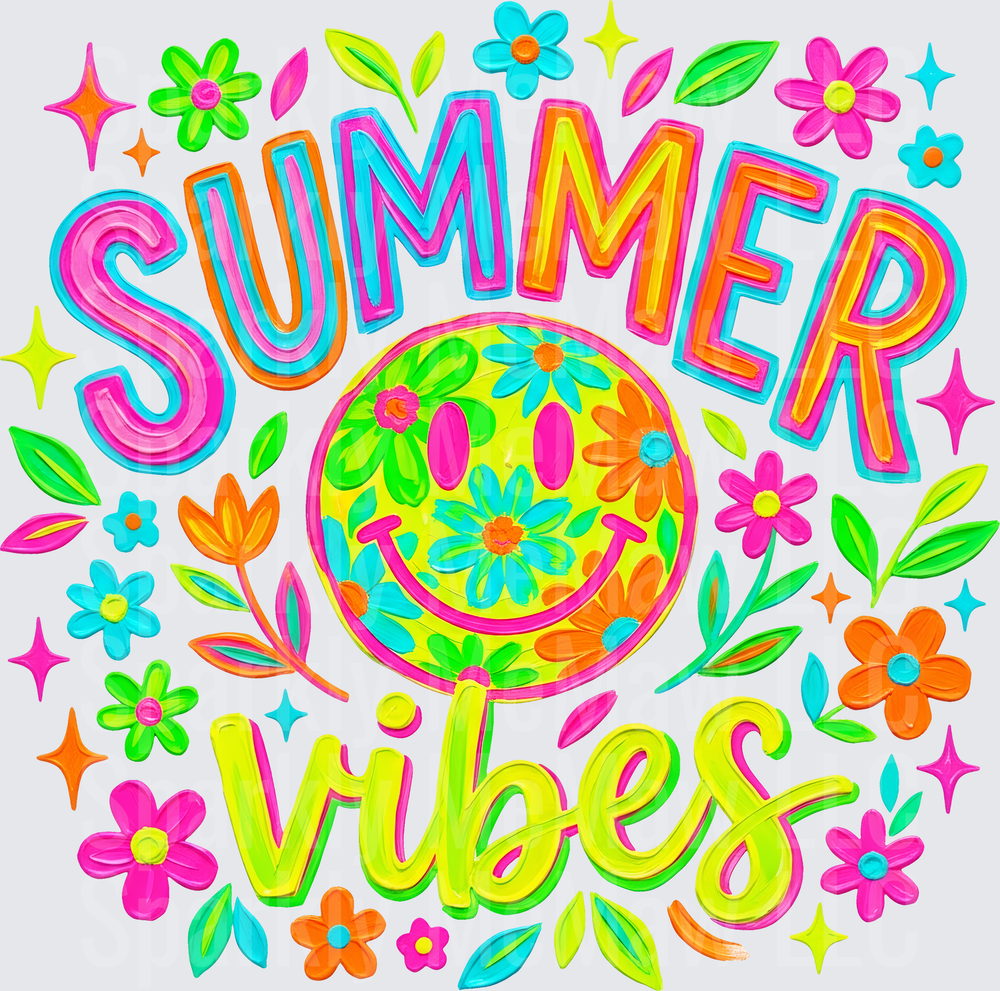 Summer Vibes Colorful Floral Typography with Bright Flowers and Stars UV DTF Decal