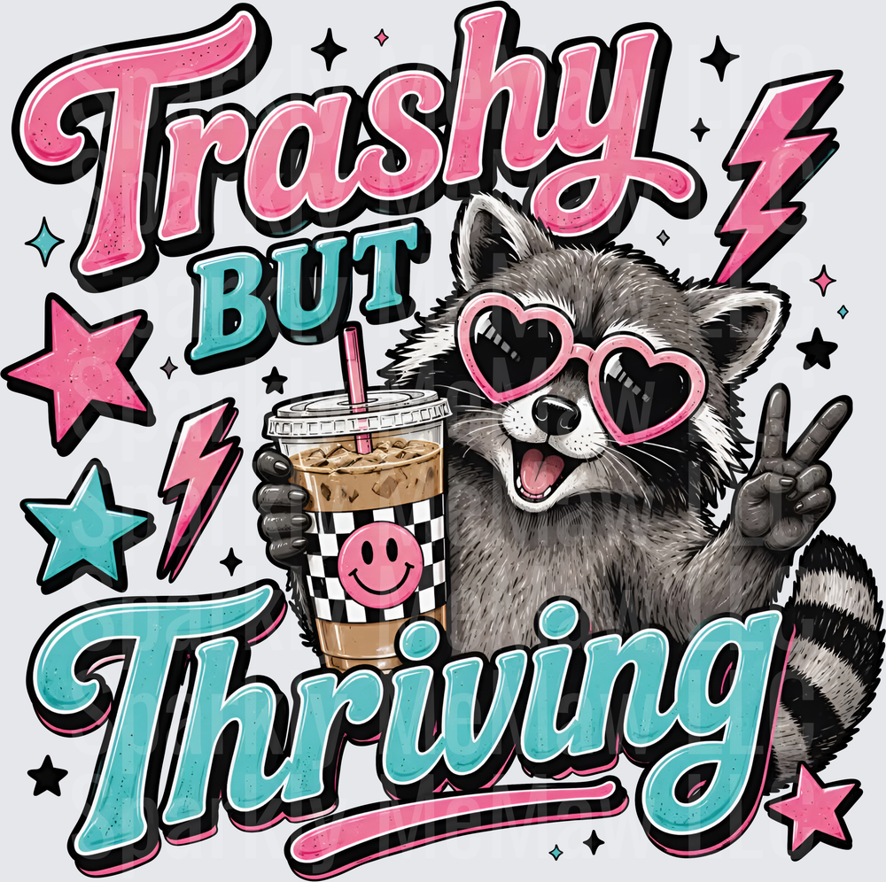 Trashy But Thriving Raccoon with Heart Sunglasses and Iced Coffee UV DTF Decal