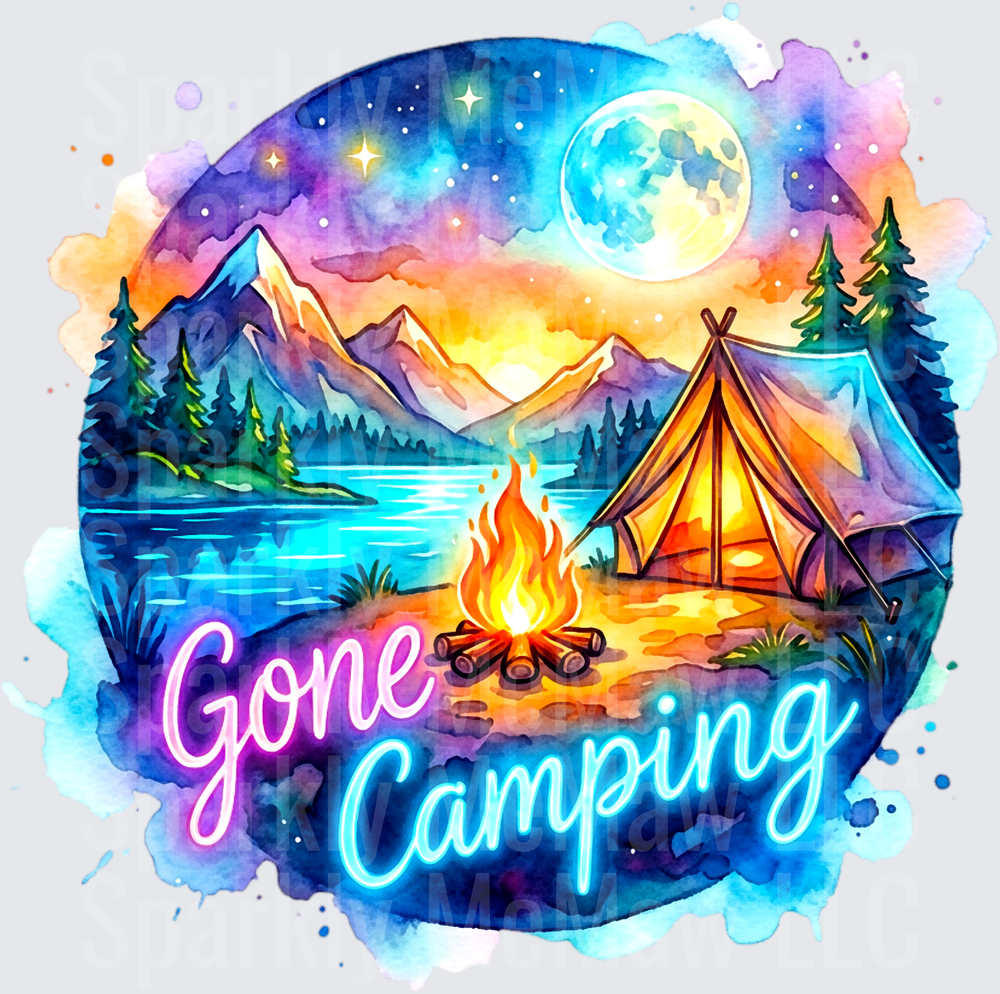Gone Camping Watercolor Mountain Lake Scene with Tent and Campfire UV DTF Decal