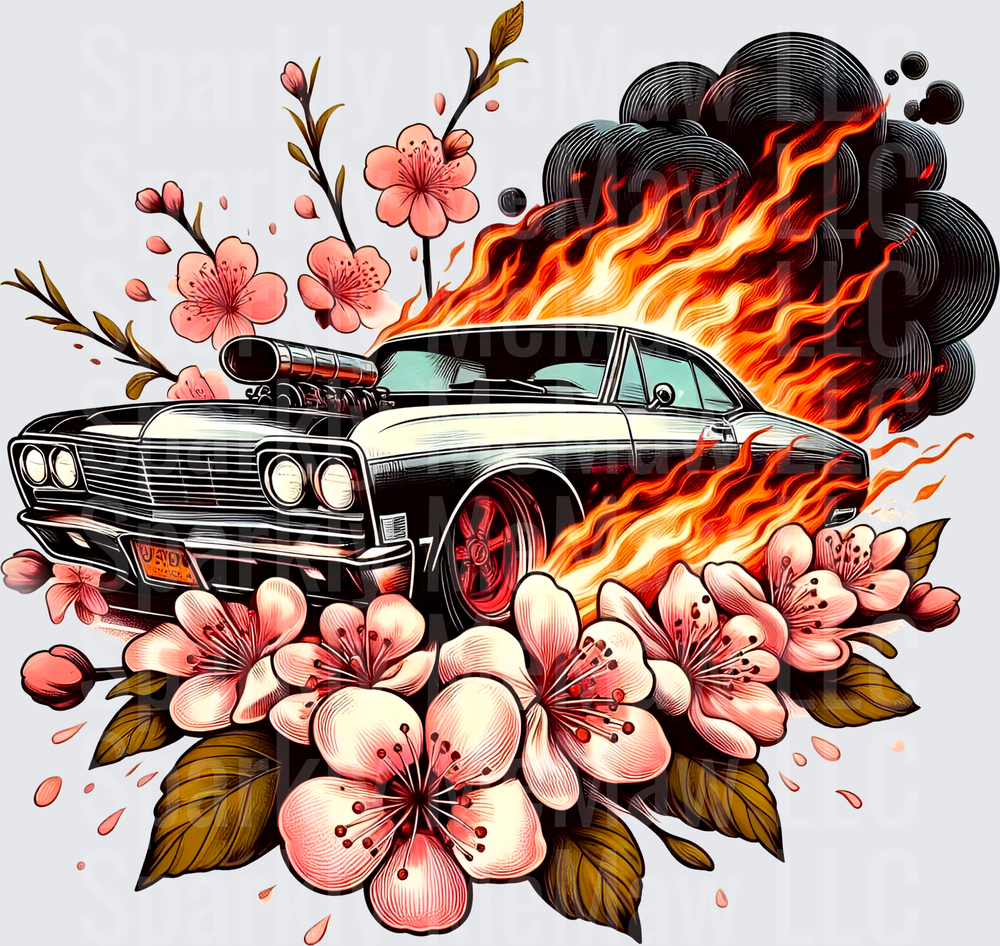 Vintage Muscle Car with Flames and Cherry Blossoms UV DTF Decal