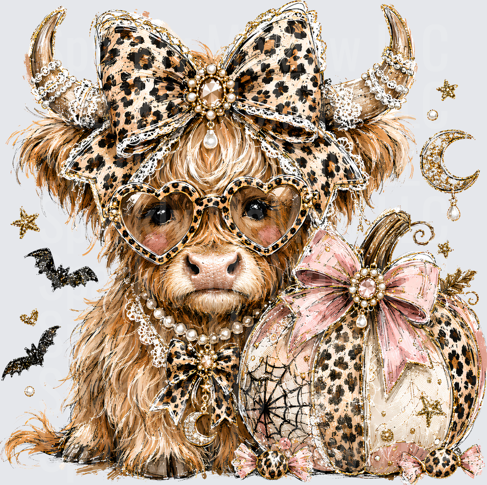 Glam Halloween Highland Cow with Leopard Print Bow Heart Sunglasses Pearl Necklace and Cheetah Pumpkin DTF Transfer for Fabrics