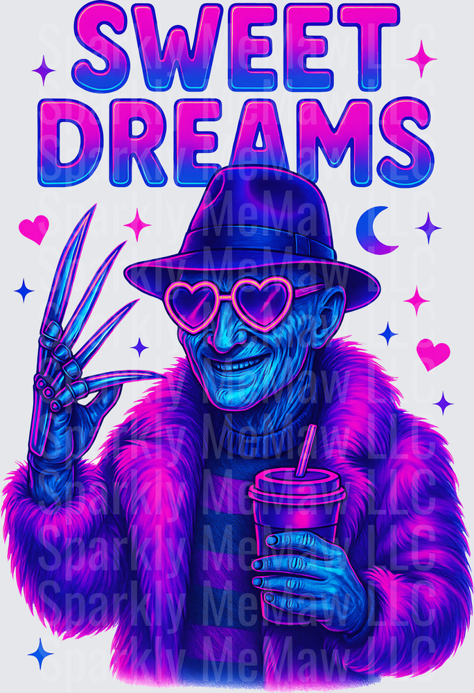 Sweet Dreams Freddy Krueger with Heart Sunglasses and Drink Retro Vaporwave Style DTF Transfer for Fabric