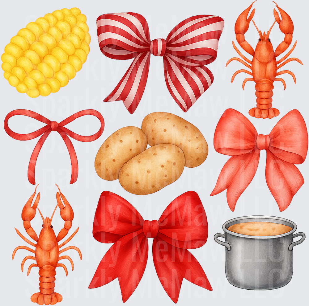 Cajun Crawfish Boil Elements with Red Bows Corn and Potatoes