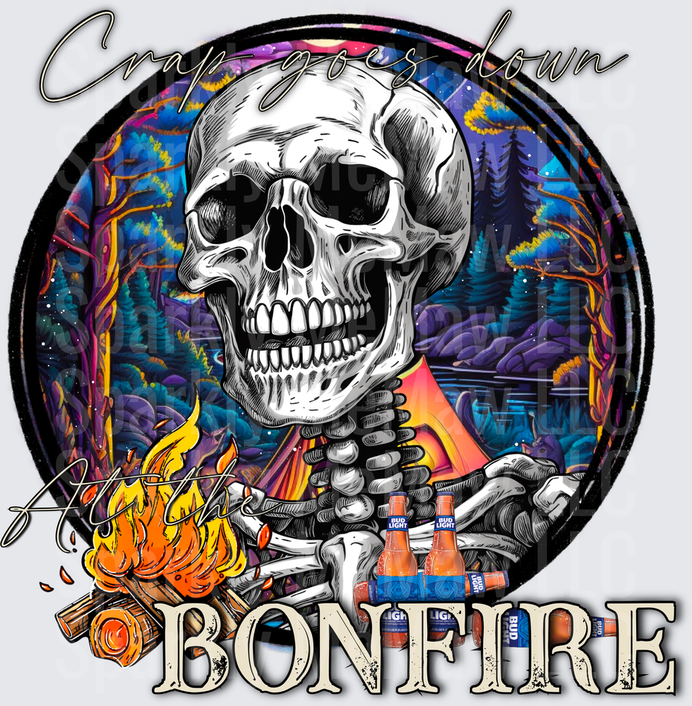 Crazy Goes Down Bonfire Skeleton with Beer Bottles and Campfire Scene UV DTF Decal