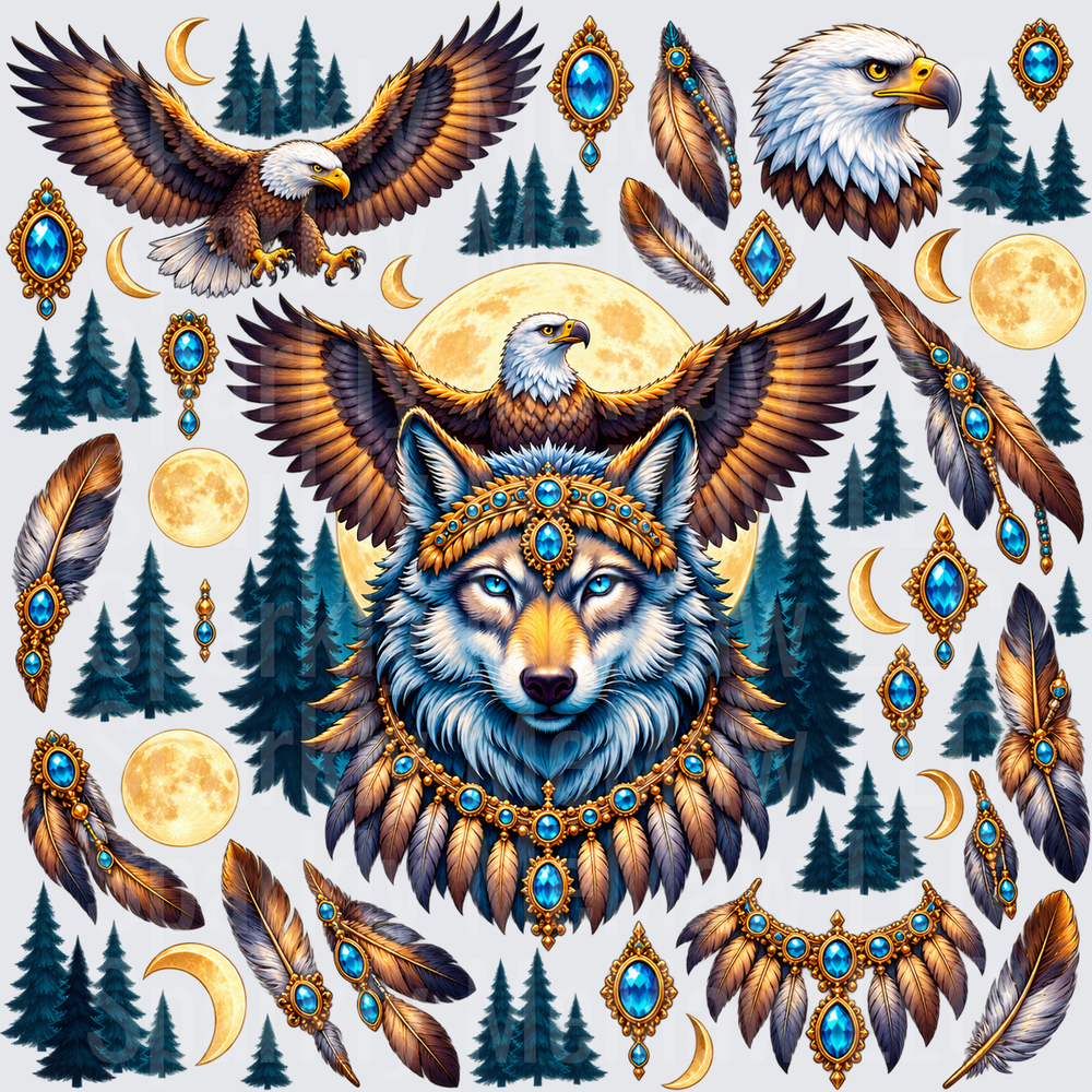 Mystic Wolf Eagle Spirit Sheet is a 10x10 UV DTF Cut and stick sheet