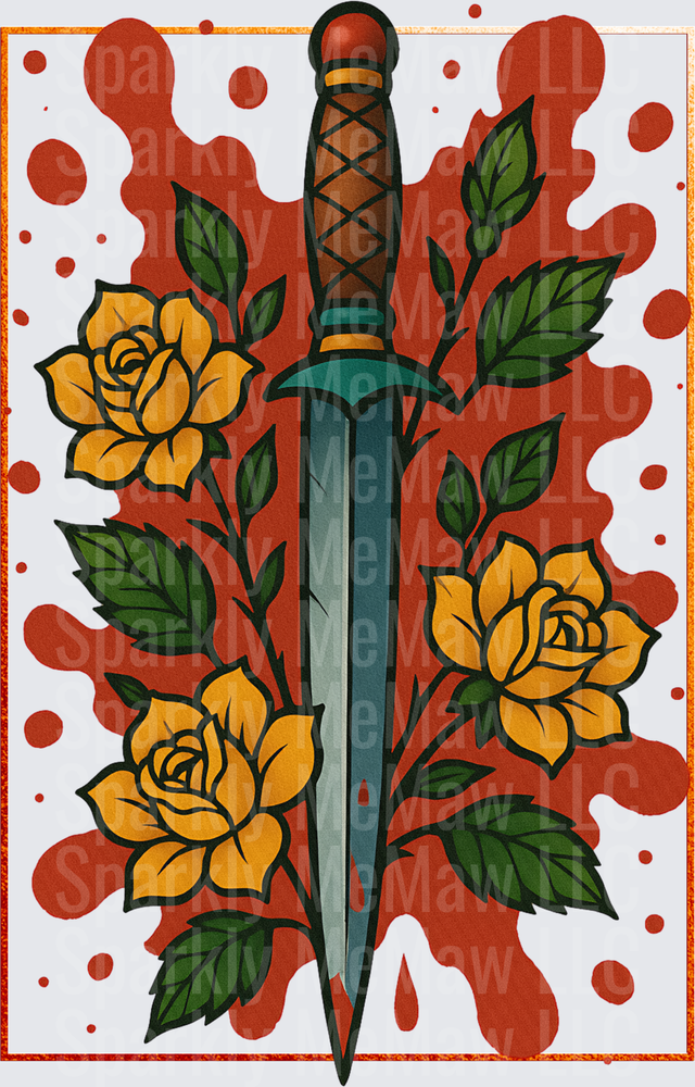 Traditional Tattoo Style Dagger with Yellow Roses and Blood Splatter UV DTF Decal