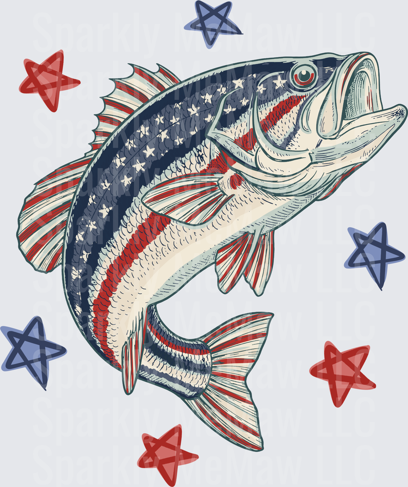 Patriotic Bass Fish with American Flag Pattern and Red White Blue Stars UV DTF Decal