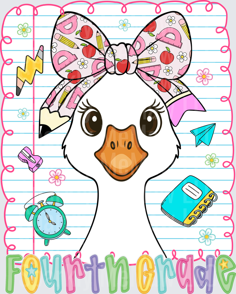 Fourth Grade Duck with School Supplies Bandana DTF Transfer for Fabric
