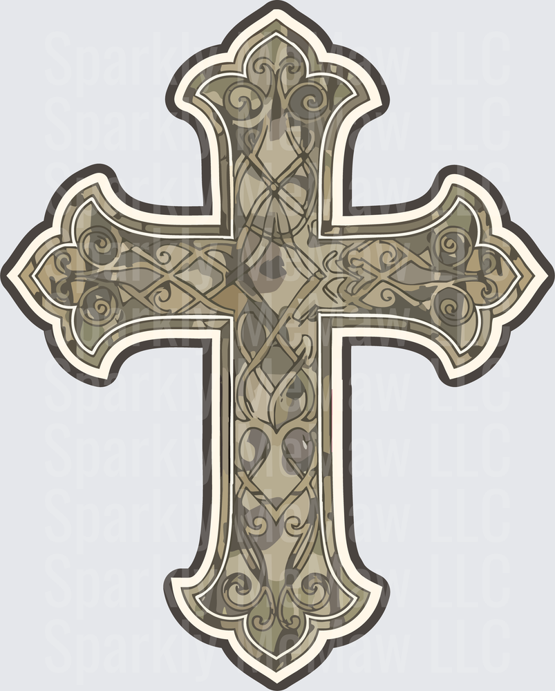Ornate Celtic Cross with Intricate Scroll Work and Decorative Flourishes DTF Transfer for Fabric