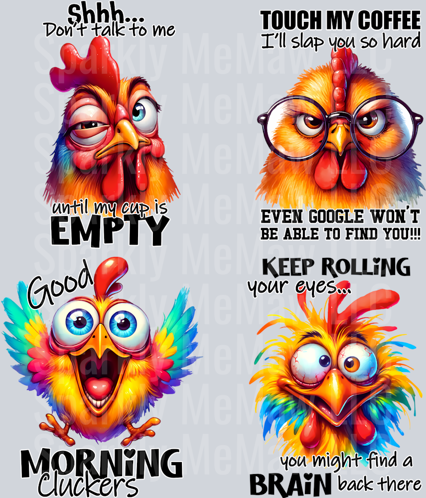 Crazy Chickens UV DTF Decal Sheet 8x9 inches