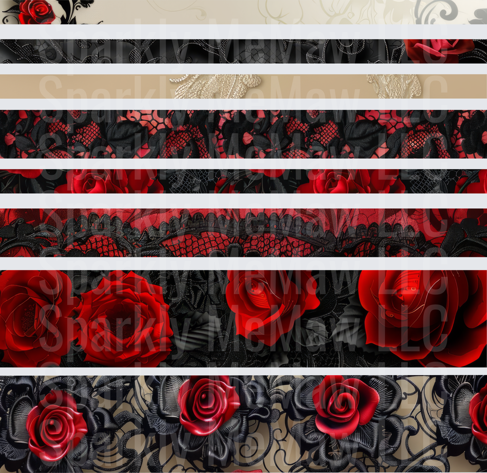 Gothic Red Rose Black Lace Border Strips 10x10 Inch Sheet