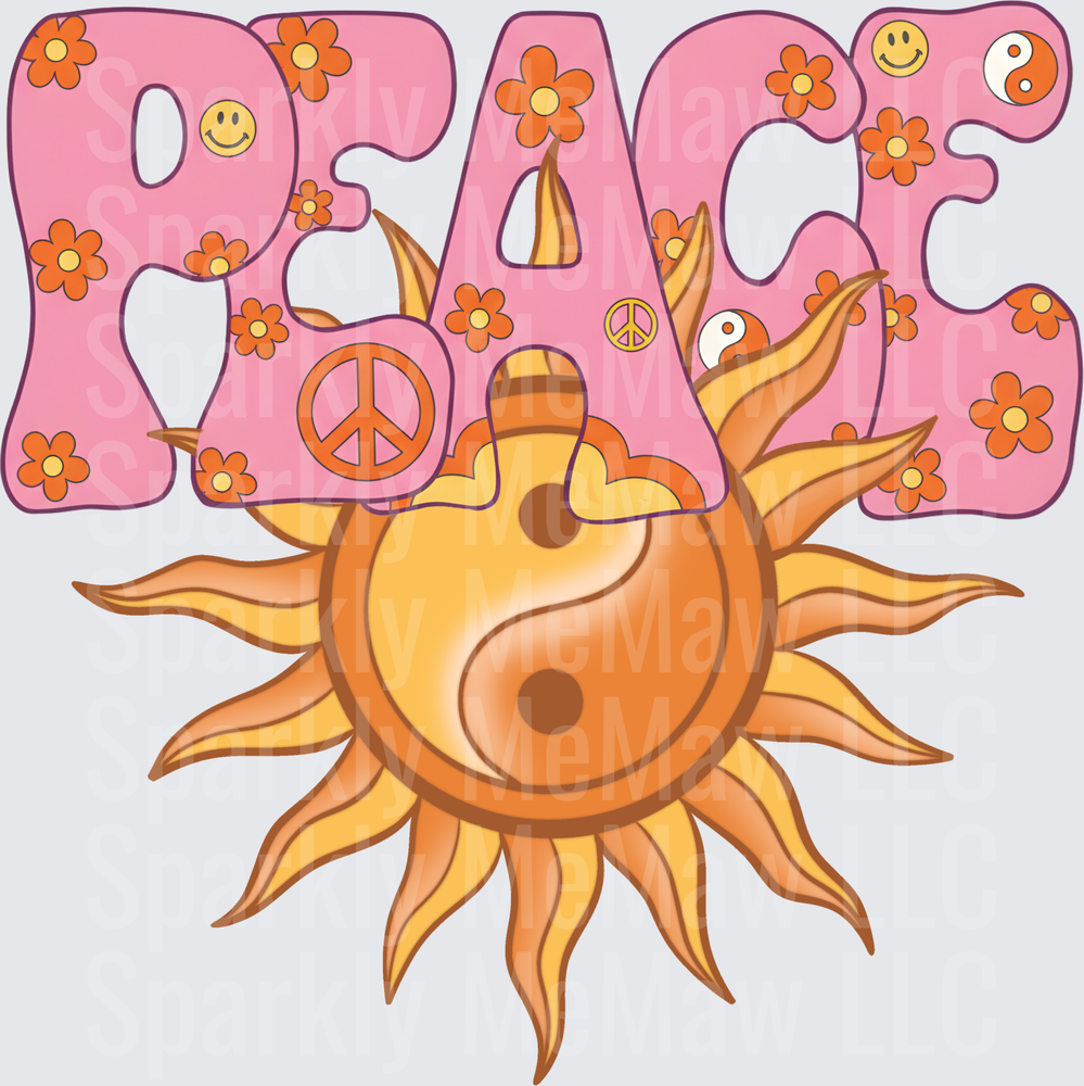 Peace Sign Pink Retro Letters with Yin Yang Sun and Flowers UV DTF Decal