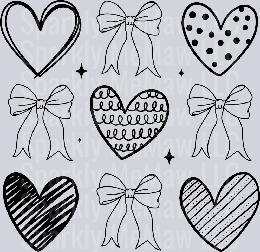Doodle Hearts and Bows 10x10 UV DTF Element Sheet in Black