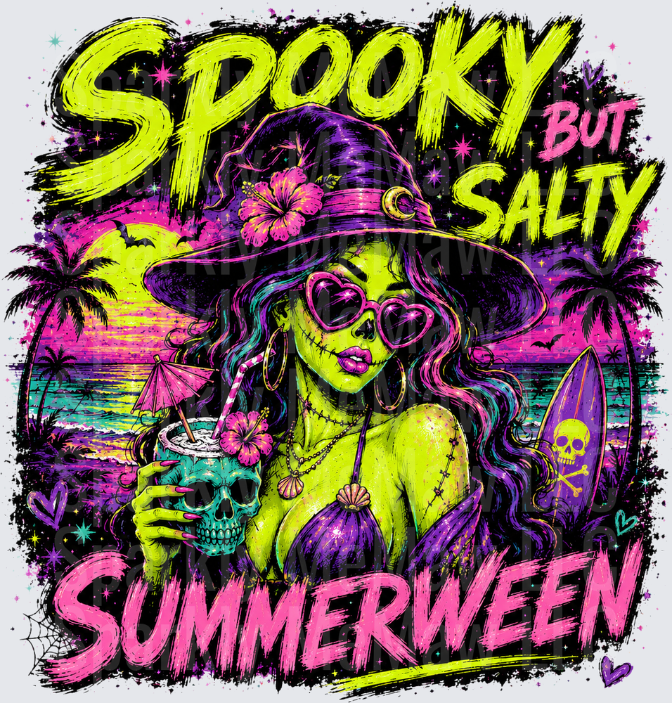 Spooky But Salty Summerween Zombie Pin-Up Girl with Tropical Beach Scene DTF Transfer