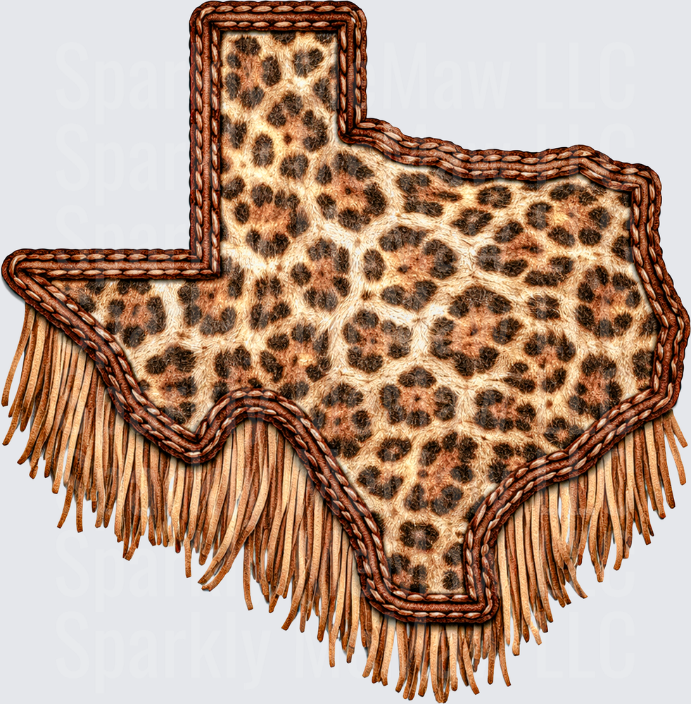 Texas State Shape Cheetah Leopard Print with Braided Leather Border and Suede Fringe UV DTF Decal